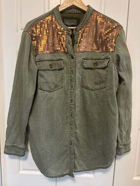 Anthropologie Sequinned Cargo Utility Button-Down Shirt